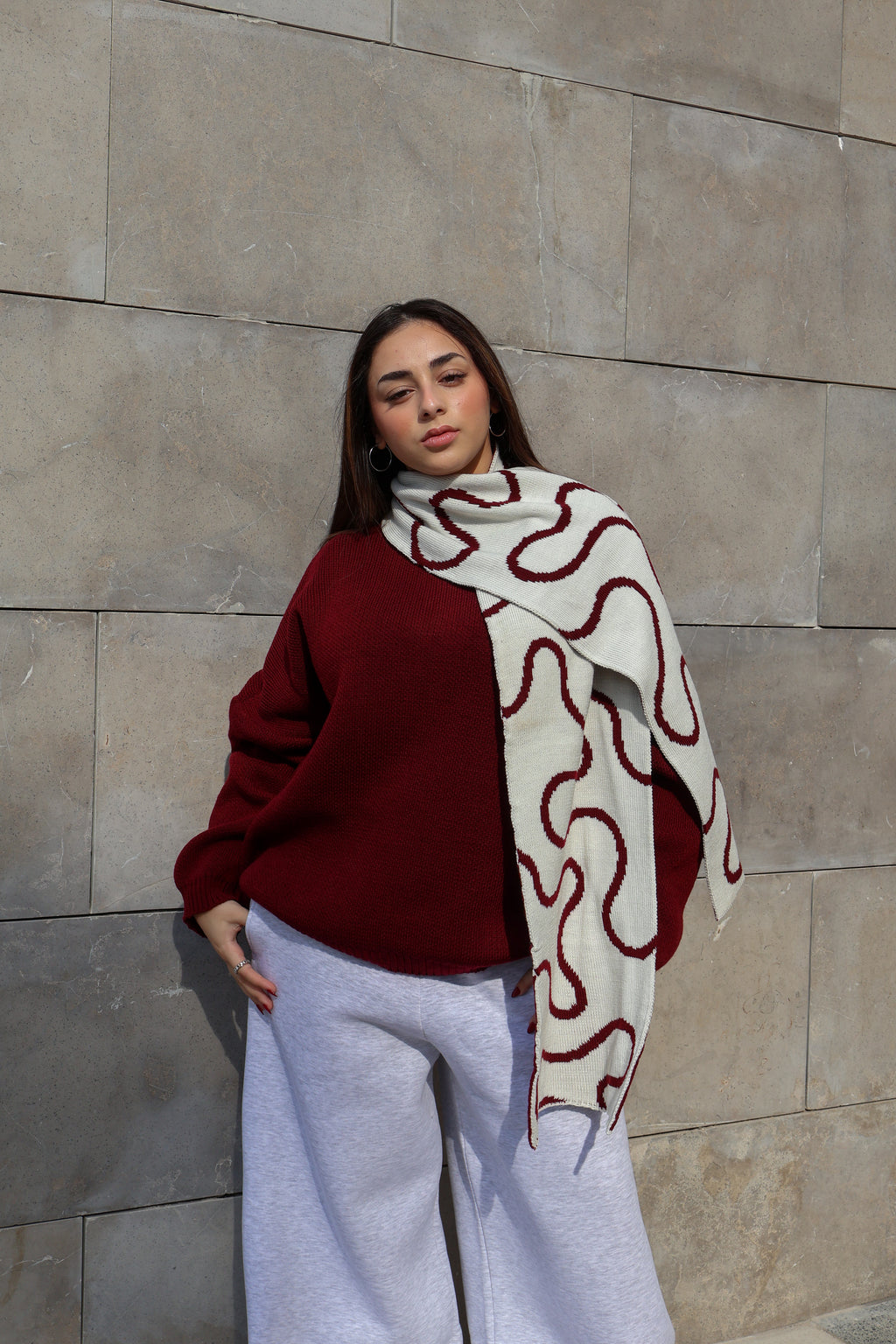 Burgundy x White Lined Scarf