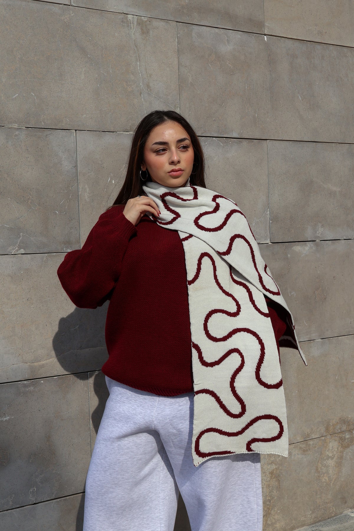 Burgundy x White Lined Scarf