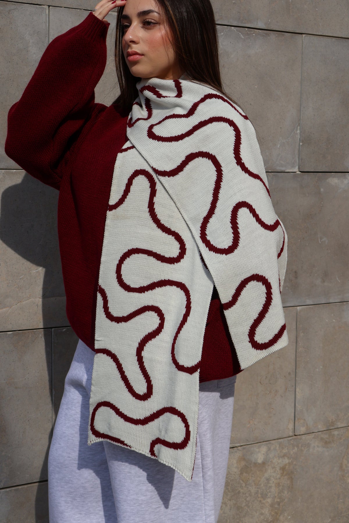 Burgundy x White Lined Scarf