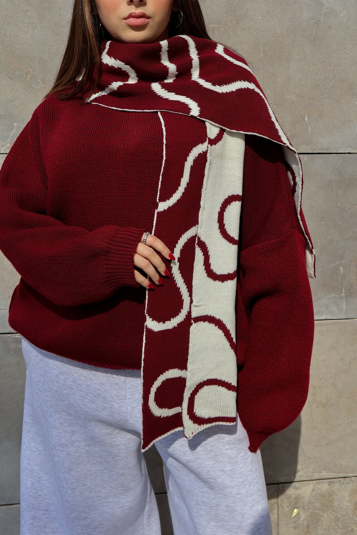 Burgundy x White Lined Scarf