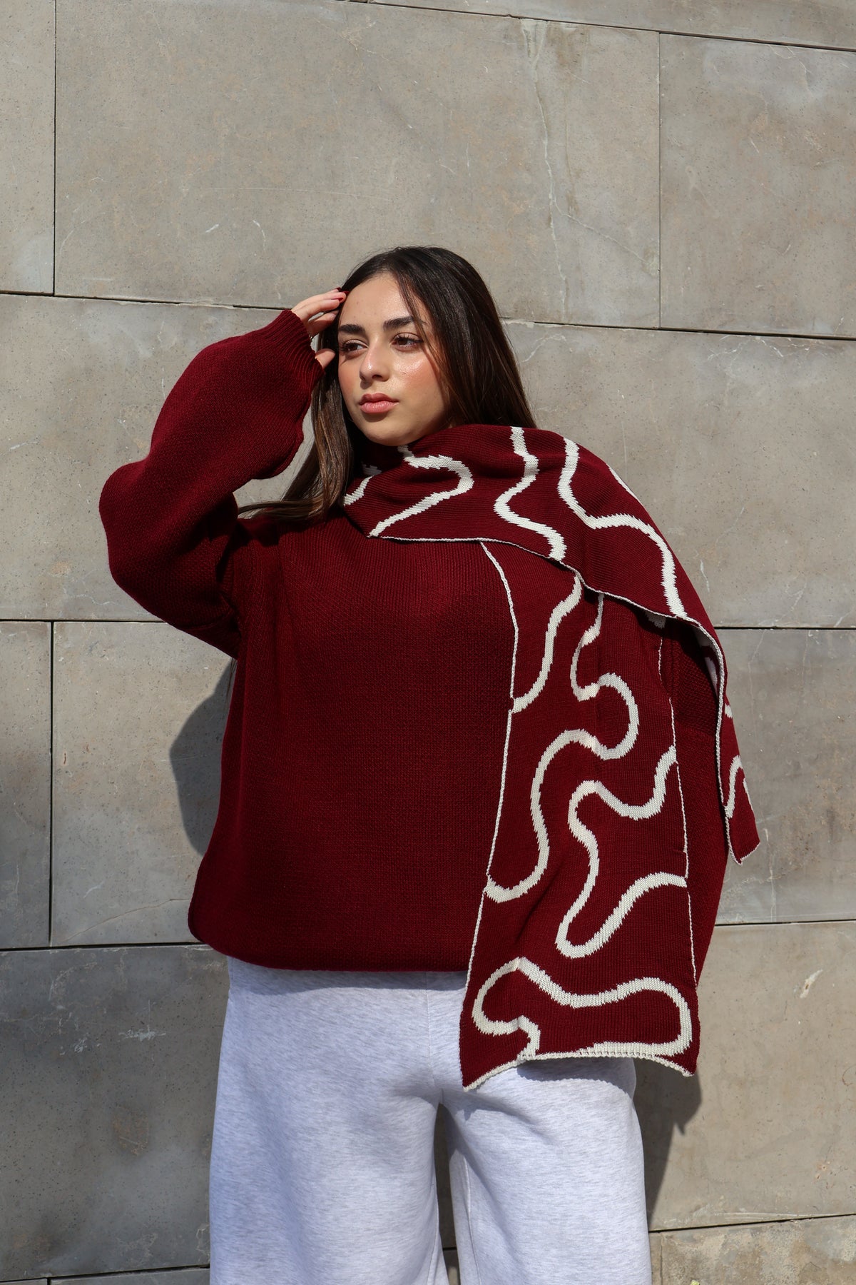 Burgundy x White Lined Scarf