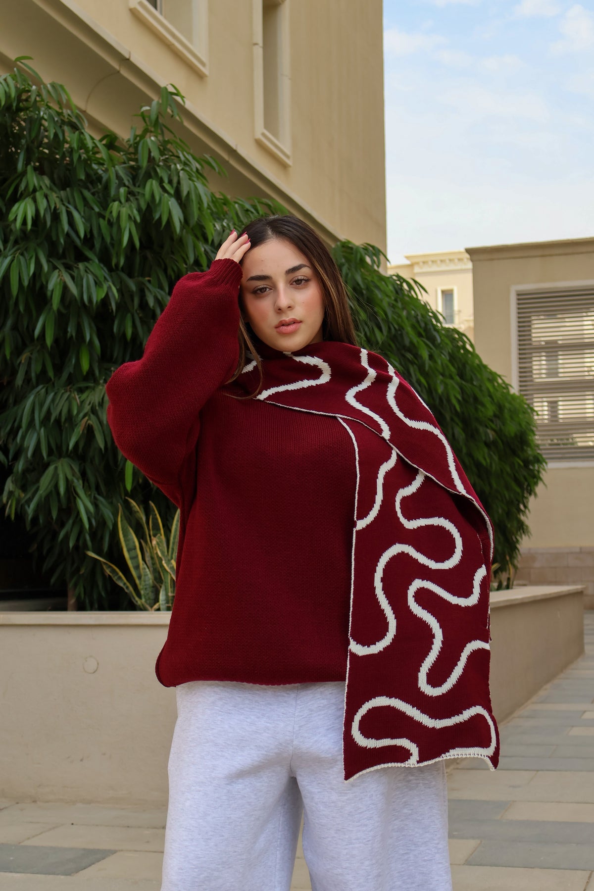 Burgundy x White Lined Scarf